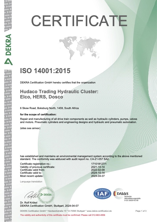 hudaco trading hydraulic cluster elco hers dosco 14001-2015