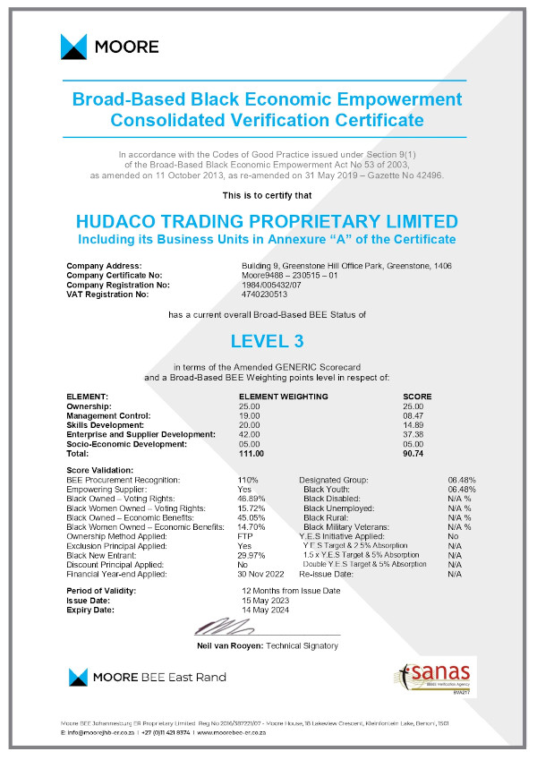 hudaco trading certificate 2023-2024