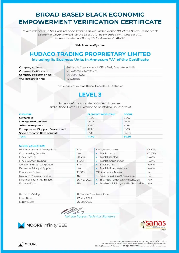 hudaco trading certificate 2024-2025